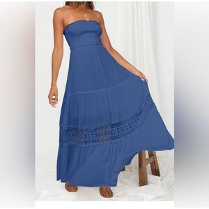 Zesica Bohemian Navy Blue Strapless Lace Maxi Dress Ruffled Flowy Womens NWT